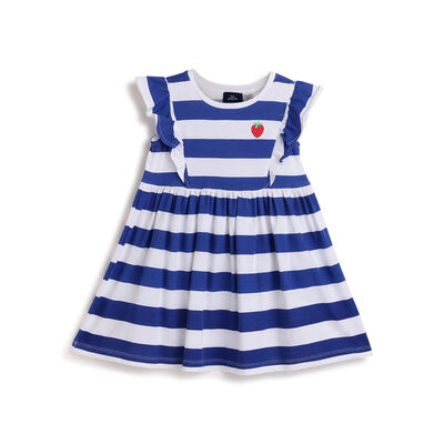 Girls White and Blue Striped Short Sleeve Dress